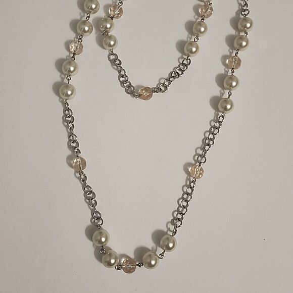 Layered Womens Necklace Faux White Pearl Pink Crystal Multifaceted Beads Chain - Picture 2 of 4